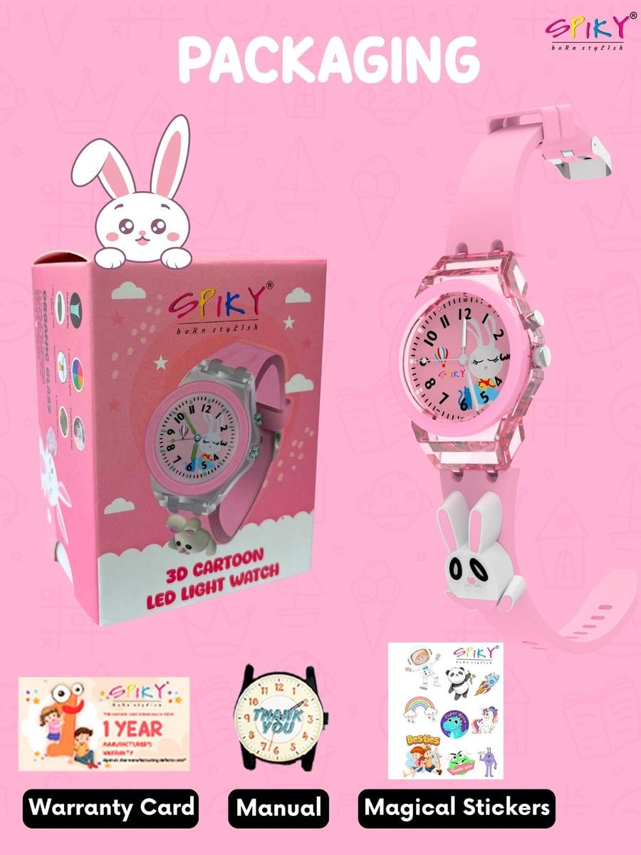 3D Cartoon Kids Analog Watch with 7 Multicolor LED Glowing Lights Pink Watch for Girls - ANS Billons