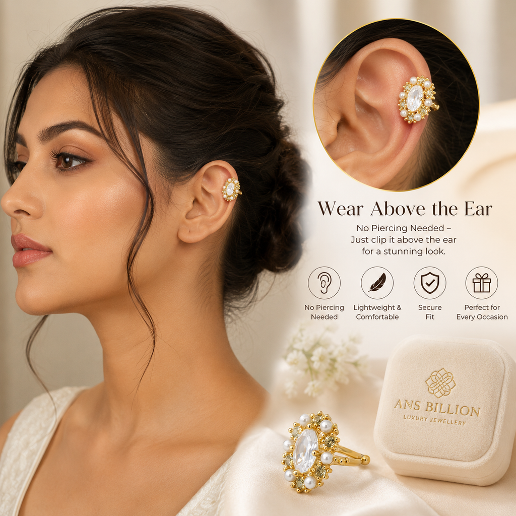 Pearl &amp; Crystal Above Ear Cuff Earring (Single Piece) – Gold Plated
