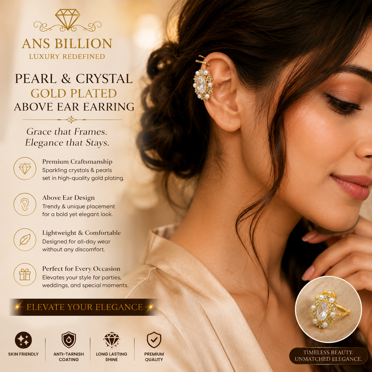Pearl &amp; Crystal Above Ear Cuff Earring (Single Piece) – Gold Plated