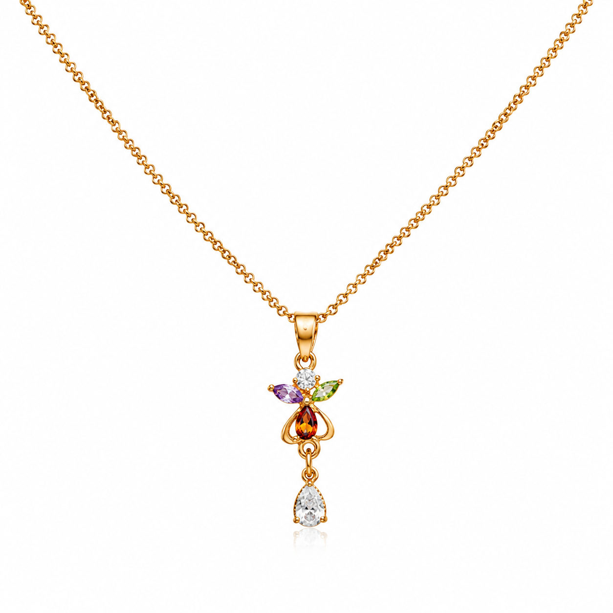 Elegant Multicolor Floral Pendant Necklace for Women | Gold-Plated Chain with Crystal Drop | Lightweight Fashion Jewelry