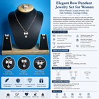 Elegant Bow Pendant Necklace Set for Women | Silver-Plated Crystal Jewelry Set with Earrings &amp; Ring