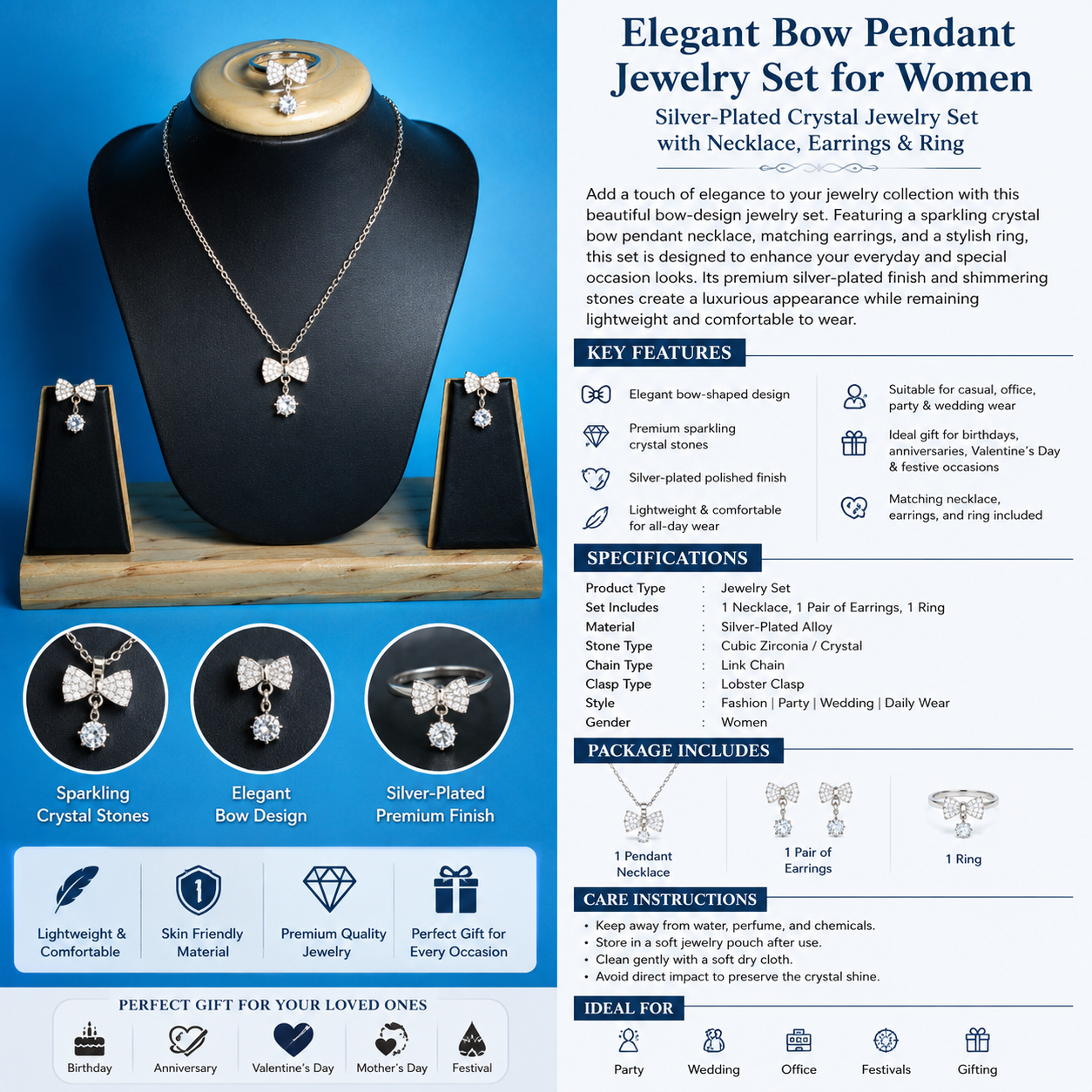 Elegant Bow Pendant Necklace Set for Women | Silver-Plated Crystal Jewelry Set with Earrings &amp; Ring