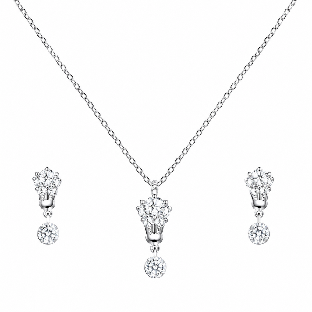 Elegant design &nbsp; A delicate silver chain with a brilliant round-cut diamond pendant, paired with matching diamond stud earrings for timeless sophistication.