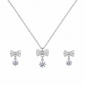 Elegant Bow Pendant Necklace Set for Women | Silver-Plated Crystal Jewelry Set with Earrings &amp; Ring