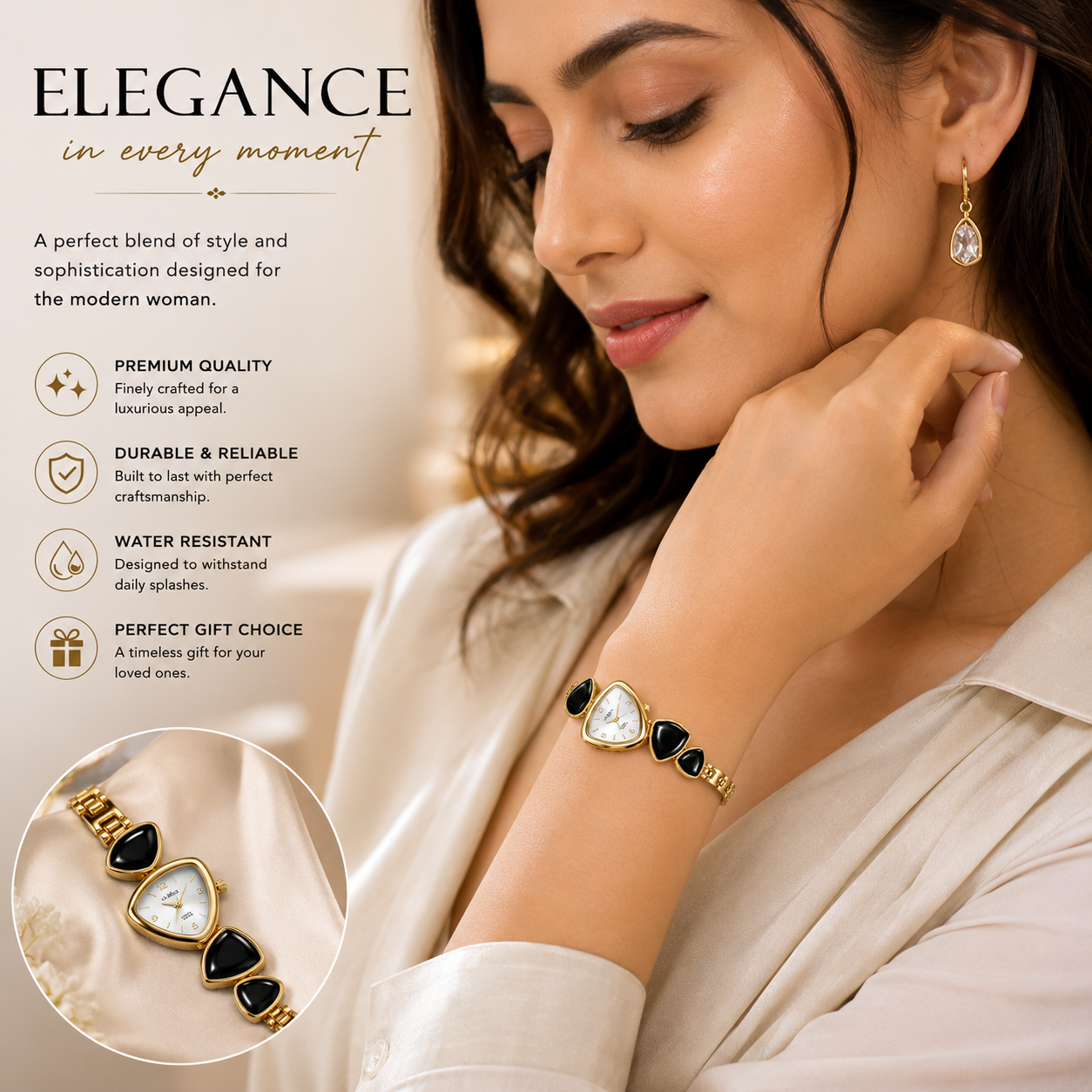 Elegant Black Stone Women's Bracelet Watch