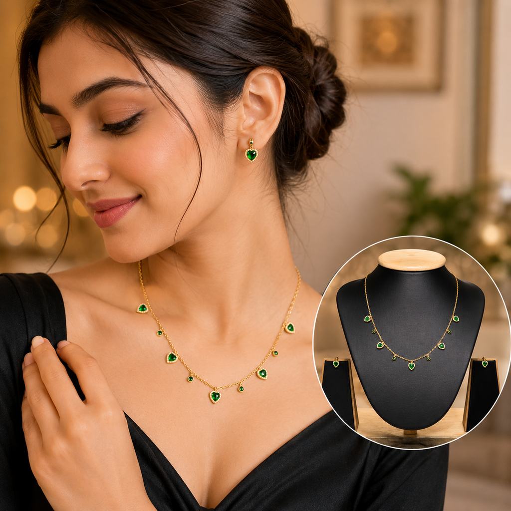 Elegant Green Heart Charm Necklace Set for Women