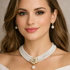 Luxurious design: Four strands of lustrous white pearls converge at a gold-toned floral centerpiece adorned with sparkling crystals and a dangling pearl drop.