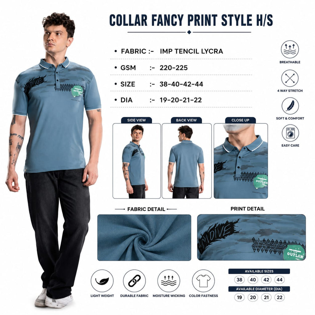 Men's Printed Polo T-Shirt | Fancy Collar Half Sleeve | Imported Tencil Lycra Fabric | 220-225 GSM | Regular Fit | Casual & Daily Wear