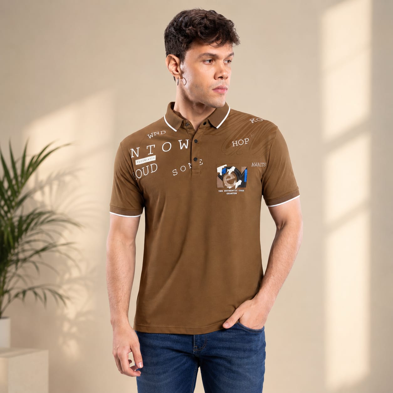 Men's Printed Polo T-Shirt | Premium IMP Tencil Lycra Fabric | Half Sleeve Casual Collar T-Shirt | Soft & Stretchable | Brown