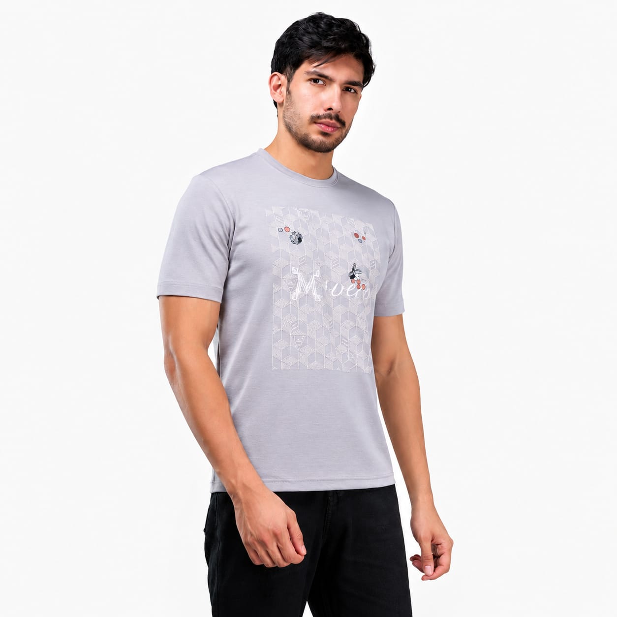 MENOLOGY Men's Holistic Printed Round Neck Half Sleeve T-Shirt | Imported Canvas Fabric | Regular Fit | Light Grey