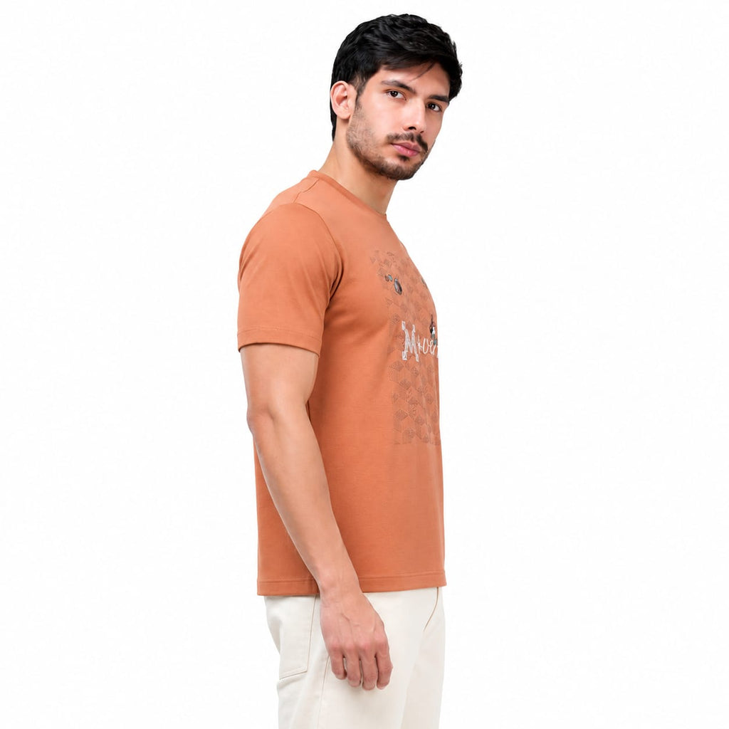 MENOLOGY Men's Holistic Printed Round Neck Half Sleeve T-Shirt | Imported Canvas Fabric | Regular Fit | Casual Graphic Tee | Rust