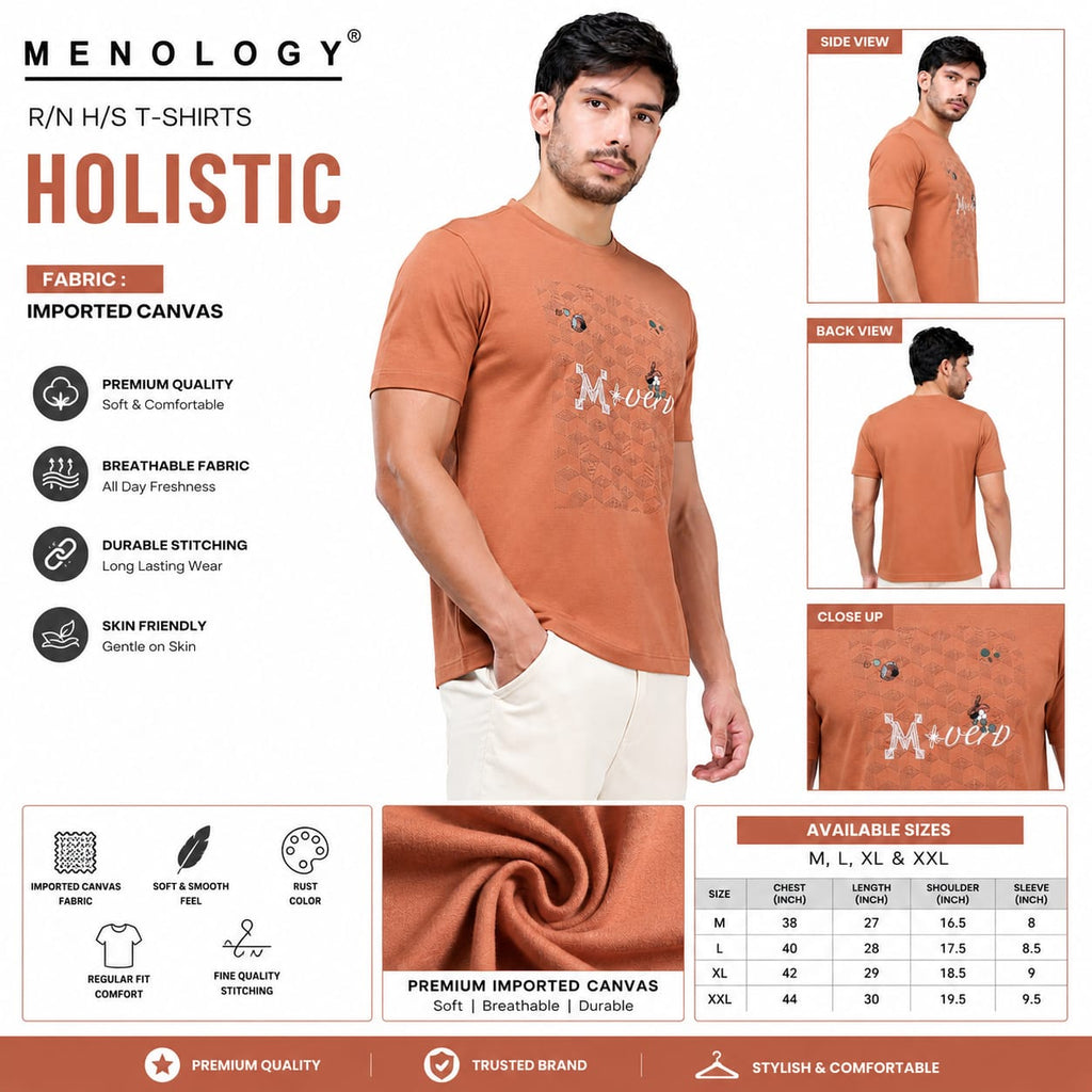 MENOLOGY Men's Holistic Printed Round Neck Half Sleeve T-Shirt | Imported Canvas Fabric | Regular Fit | Casual Graphic Tee | Rust