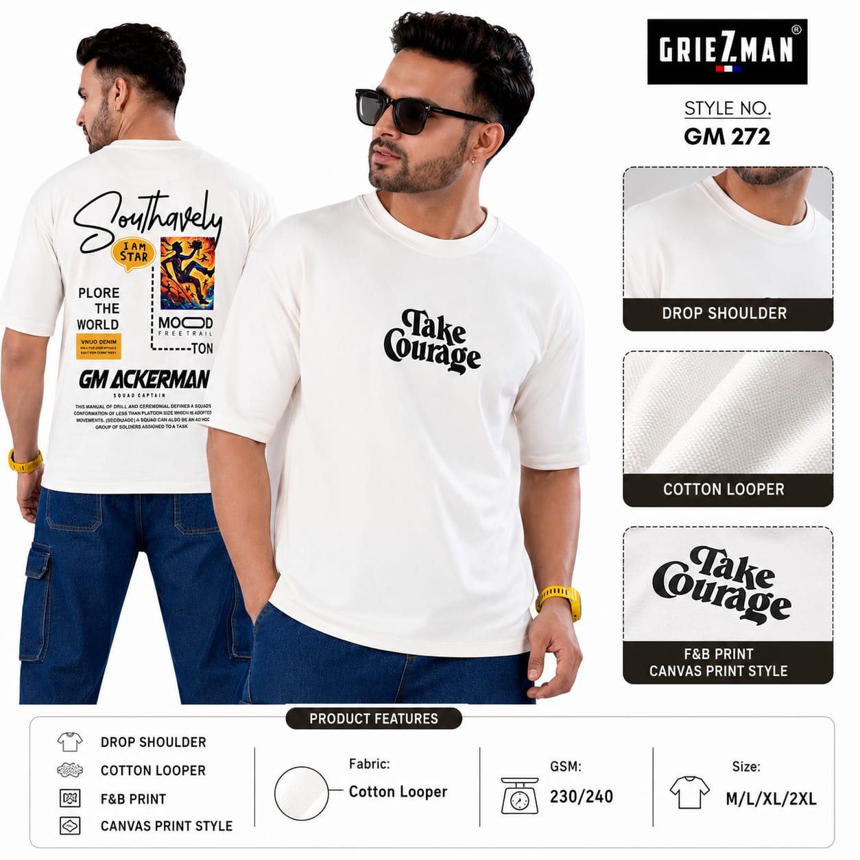 Griezman Men's Oversized Drop Shoulder T-Shirt | Cotton Looper | F&B Canvas Print | Half Sleeve Round Neck Casual Graphic Tee
