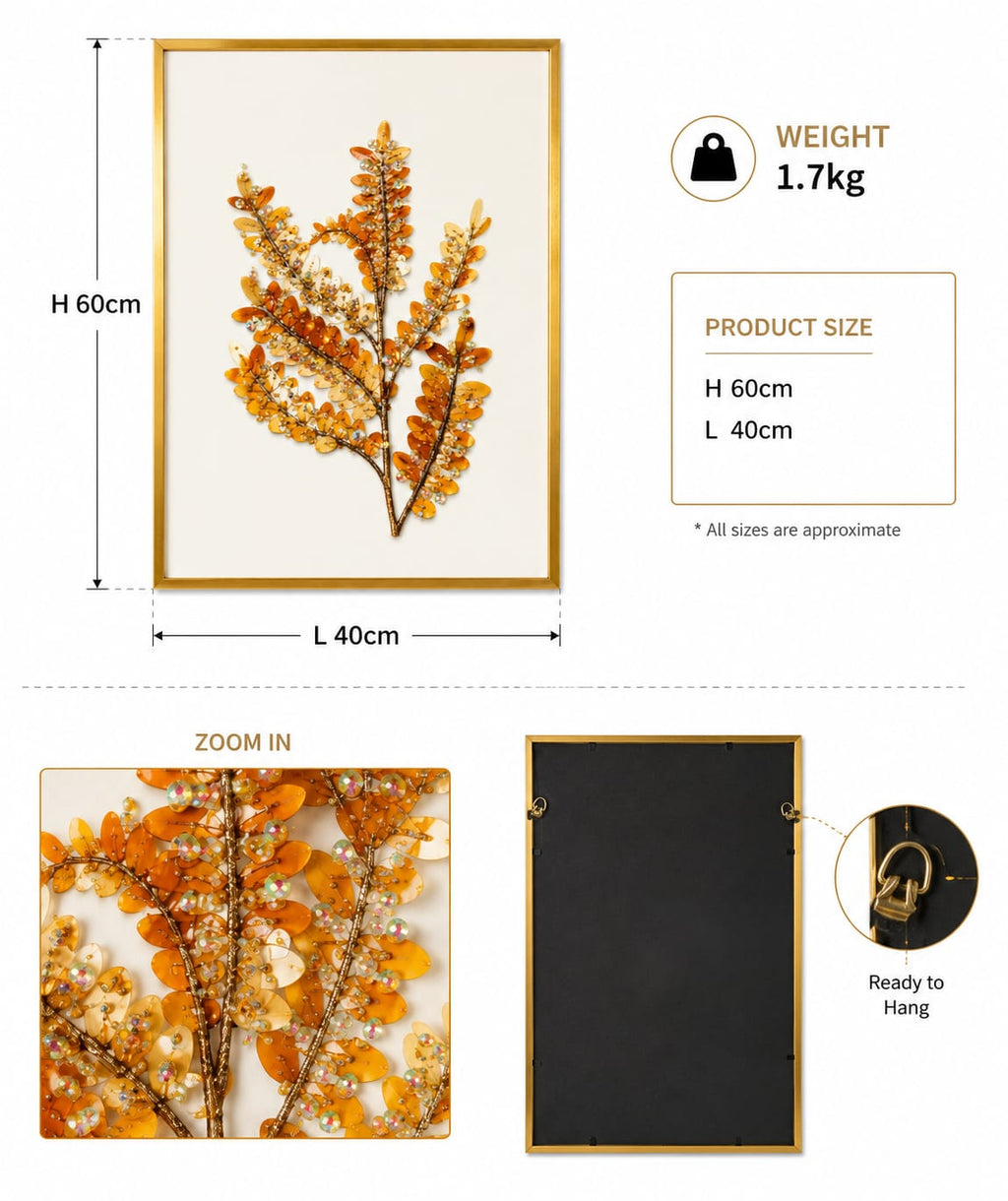 This decorative wall art features a golden-hued branch embellished with sequins and iridescent beads, arranged in a framed display