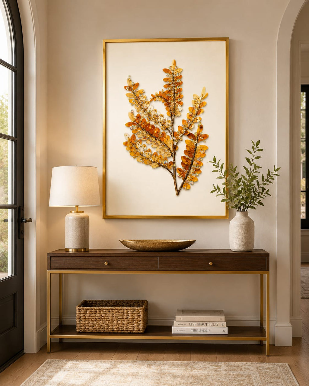This is a 3D Baltic Amber wall art piece featuring a textured botanical design framed in gold.
