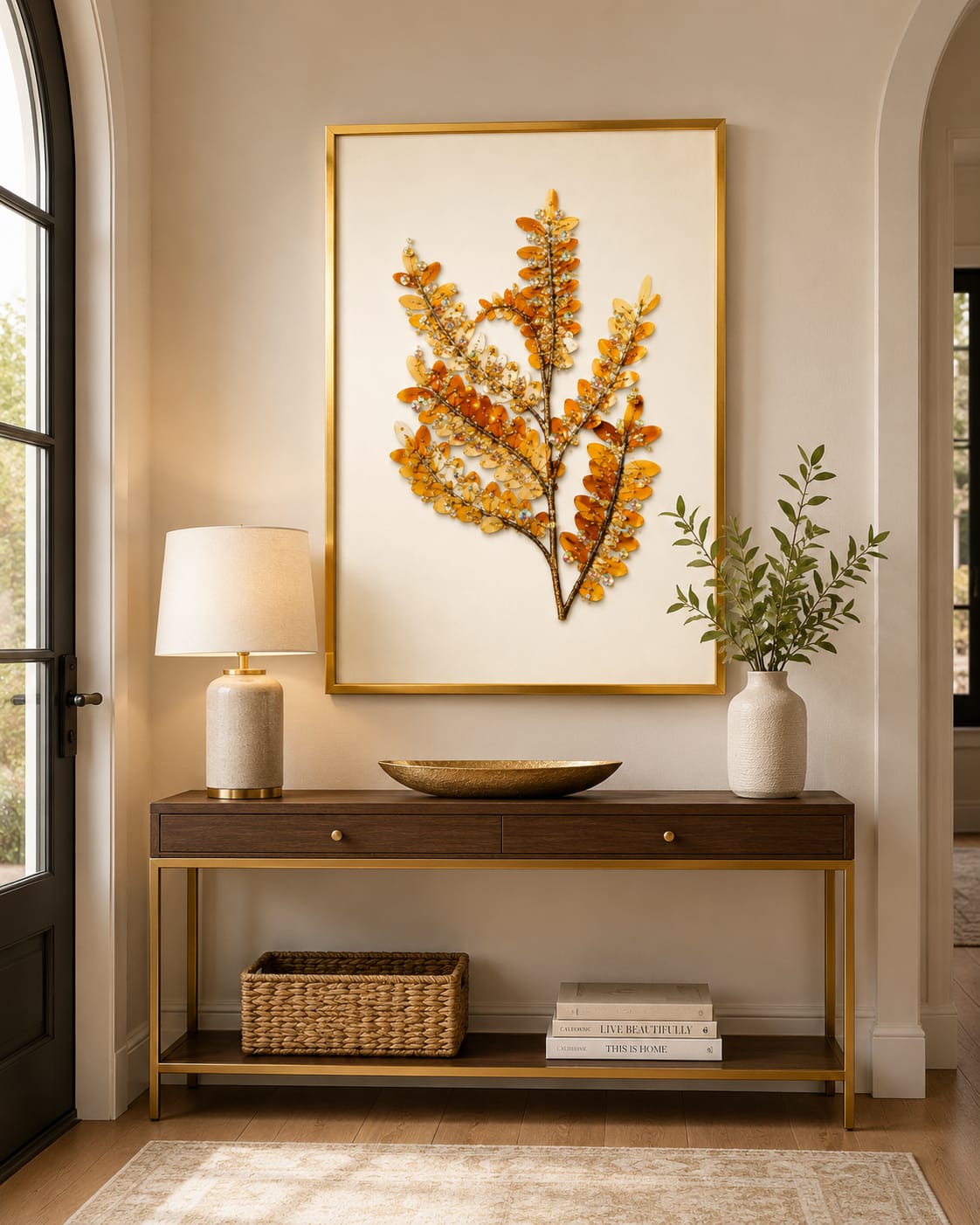 This is a 3D Baltic Amber wall art piece featuring a textured botanical design framed in gold.