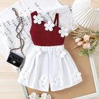 girl's maroon applique top with shorts sets