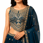 Women's Designer Embroidered Georgette Lehenga Choli with Dupatta – Teal Blue