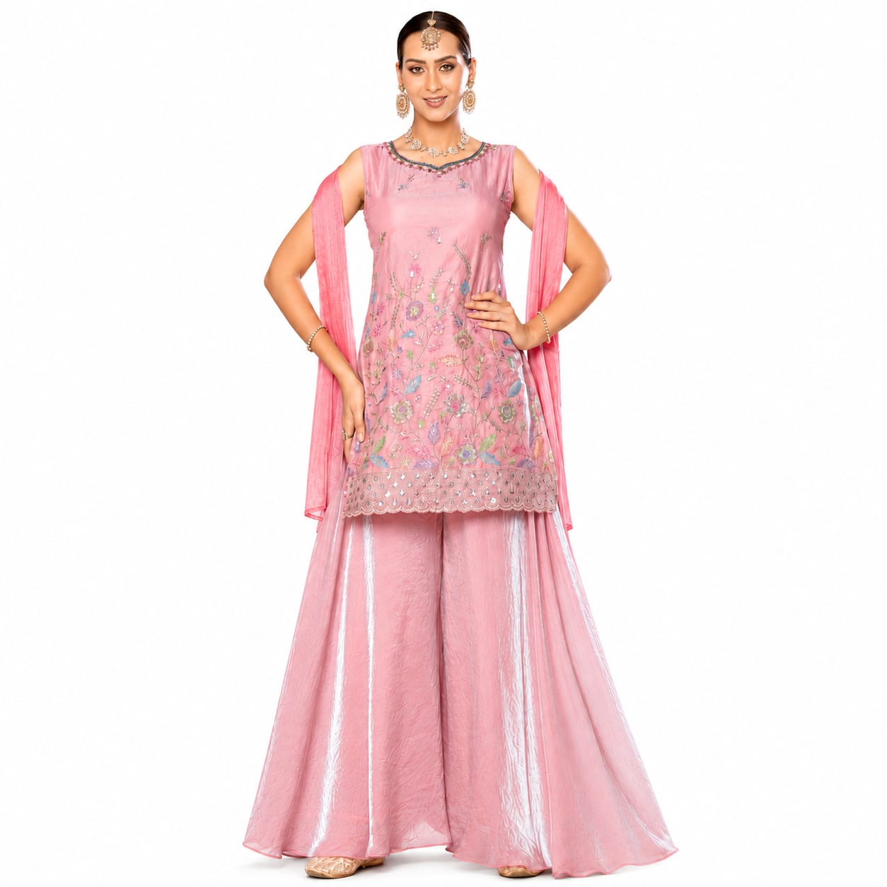 Women's Pink Embroidered Kurta Palazzo Set with Dupatta | Festive &amp; Party Wear Ethnic Suit