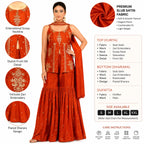 Women's Embroidered Slub Satin Kurta Sharara Set with Dupatta