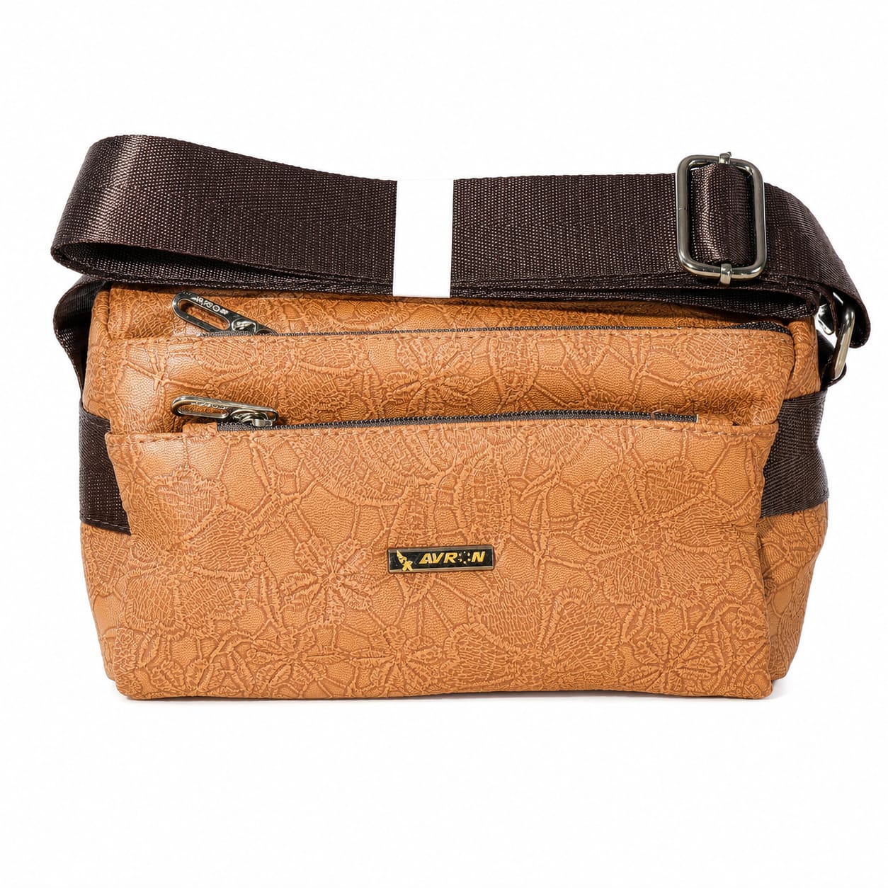 Premium PU Leather Crossbody Sling Bag for Women | Floral Embossed Shoulder Bag | Adjustable Strap | Multi-Zip Travel & Daily Use Messenger Bag | Tan Brown