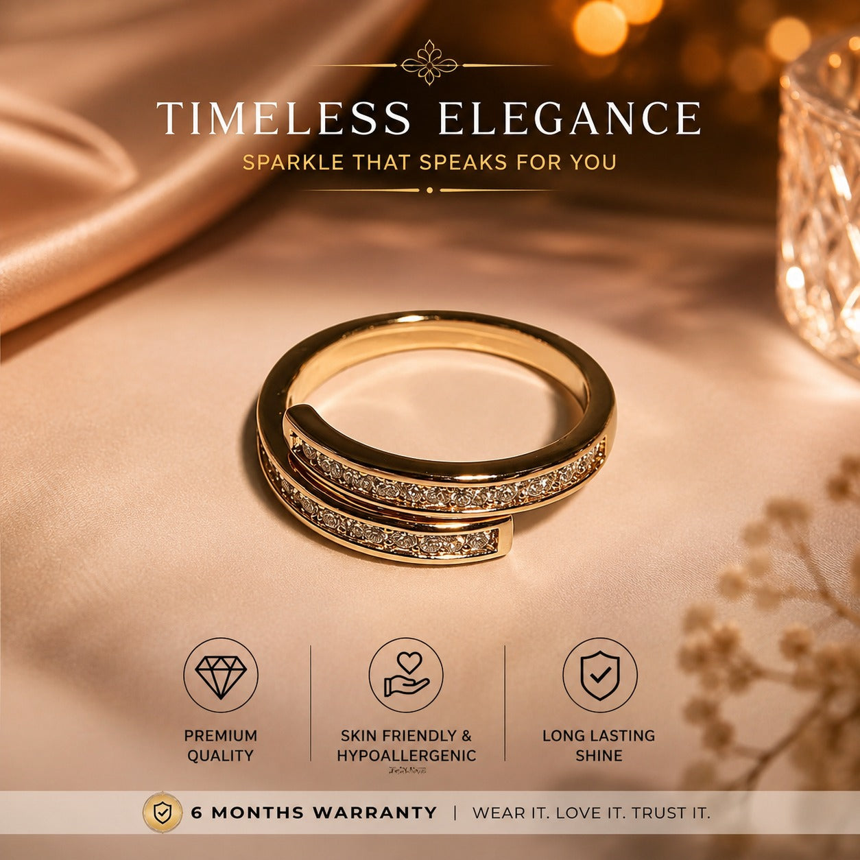 Elegant Gold-Plated Crystal Adjustable Ring for Women