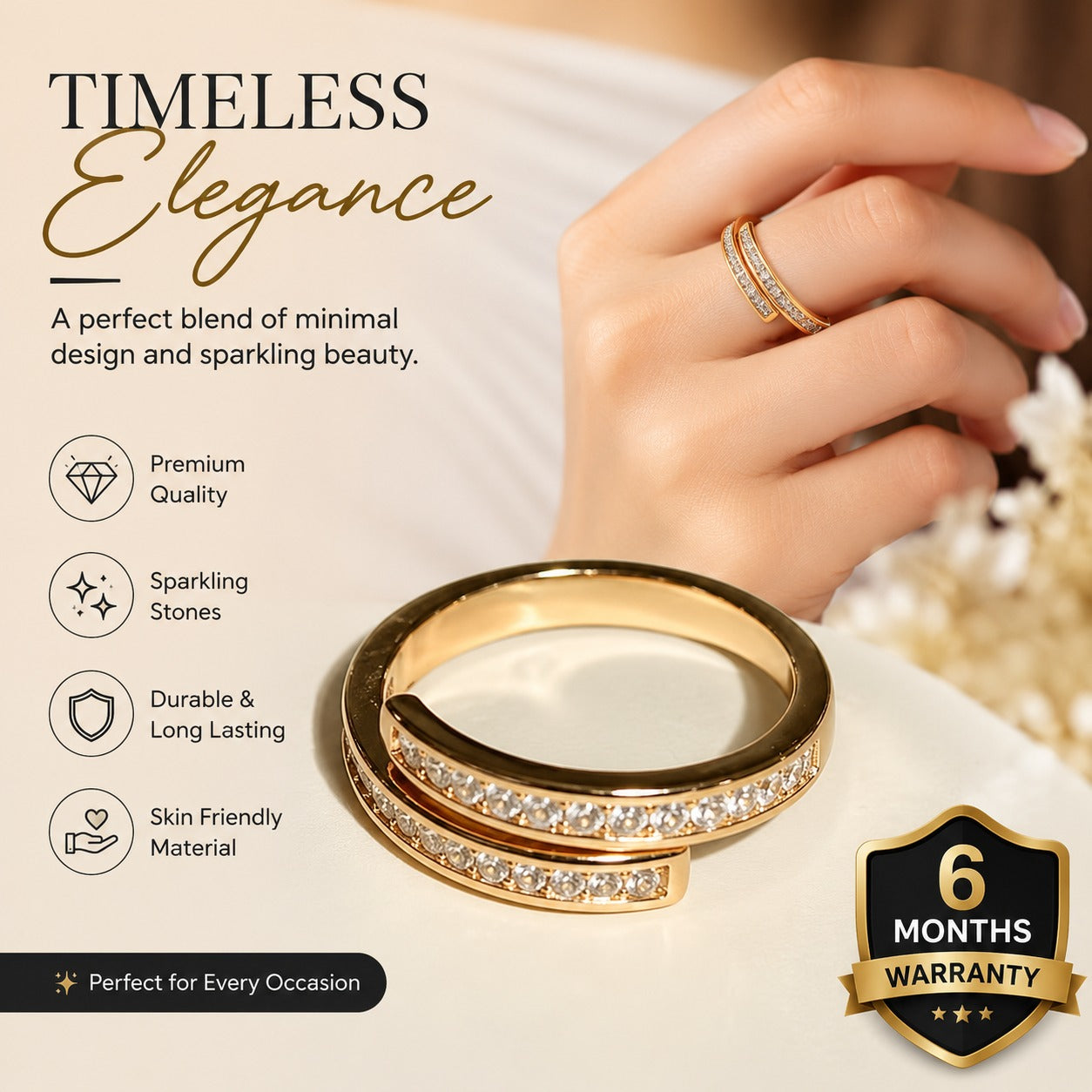Elegant Gold-Plated Crystal Adjustable Ring for Women