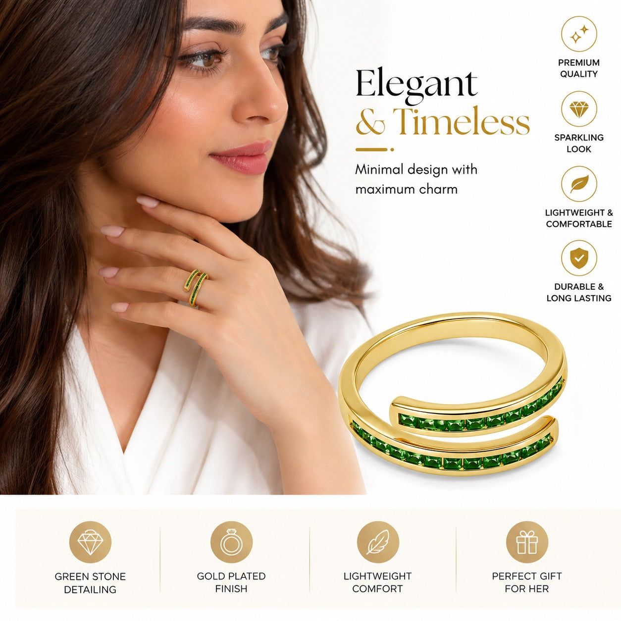 Gold-Plated Open Ring with Green Cubic Zirconia Stones