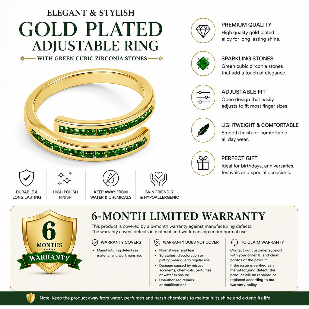 Gold-Plated Open Ring with Green Cubic Zirconia Stones