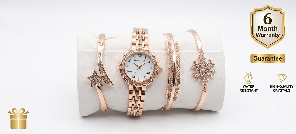 Ande Kleyn Women's Rose Gold Watch and Bracelet Set - 4-Piece Crystal Accent Quartz Dress Watch with Matching Star, Geometric &amp; Snowflake Charm Bracelets - Gift Boxed Jewelry Set for Women