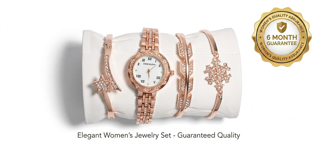Ande Kleyn Women's Rose Gold Watch and Bracelet Set - 4-Piece Crystal Accent Quartz Dress Watch with Matching Star, Geometric &amp; Snowflake Charm Bracelets - Gift Boxed Jewelry Set for Women