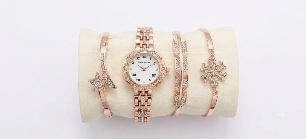 Ande Kleyn Women's Rose Gold Watch and Bracelet Set - 4-Piece Crystal Accent Quartz Dress Watch with Matching Star, Geometric &amp; Snowflake Charm Bracelets - Gift Boxed Jewelry Set for Women