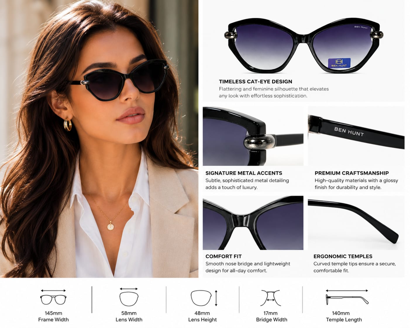 Elevate your everyday style with the BEN HUNT Women's Cat Eye Sunglasses.