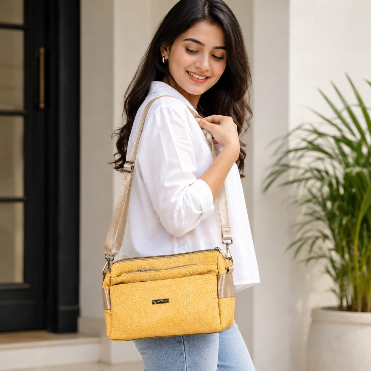 Women's Premium Embossed PU Leather Sling Bag | Multi Pocket Crossbody Shoulder Bag | Adjustable Strap | Lightweight Everyday Travel Handbag | Yellow Brand