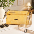 Women's Premium Embossed PU Leather Sling Bag | Multi Pocket Crossbody Shoulder Bag | Adjustable Strap | Lightweight Everyday Travel Handbag | Yellow Brand
