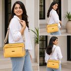 Women's Premium Embossed PU Leather Sling Bag | Multi Pocket Crossbody Shoulder Bag | Adjustable Strap | Lightweight Everyday Travel Handbag | Yellow Brand