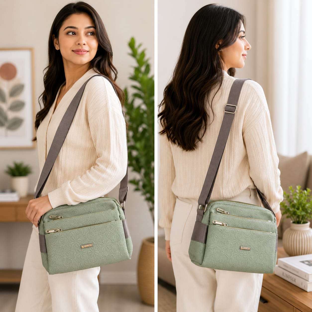 Women's Crossbody Sling Bag | Premium Embossed PU Leather Shoulder Bag | Multi-Zip Compartments | Adjustable Strap | Lightweight Everyday Purse | Sage Green