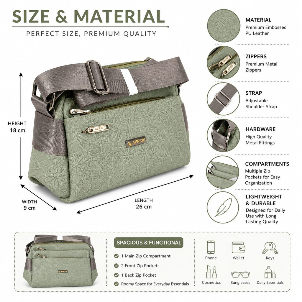 Women's Crossbody Sling Bag | Premium Embossed PU Leather Shoulder Bag | Multi-Zip Compartments | Adjustable Strap | Lightweight Everyday Purse | Sage Green