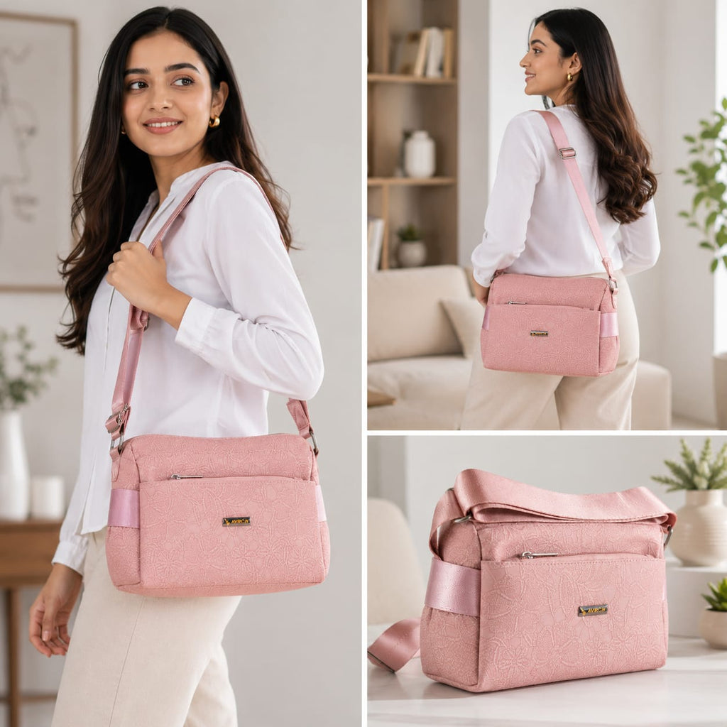 Women's Crossbody Sling Bag | Premium Textured PU Leather Shoulder Bag | Adjustable Strap | Lightweight Multi-Pocket Travel & Daily Use Handbag | Pink Bullet Points