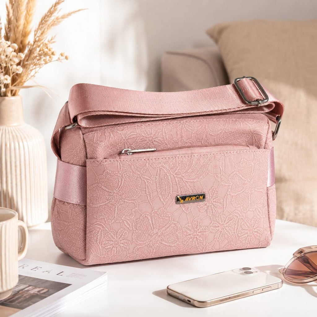 Women's Crossbody Sling Bag | Premium Textured PU Leather Shoulder Bag | Adjustable Strap | Lightweight Multi-Pocket Travel & Daily Use Handbag | Pink Bullet Points