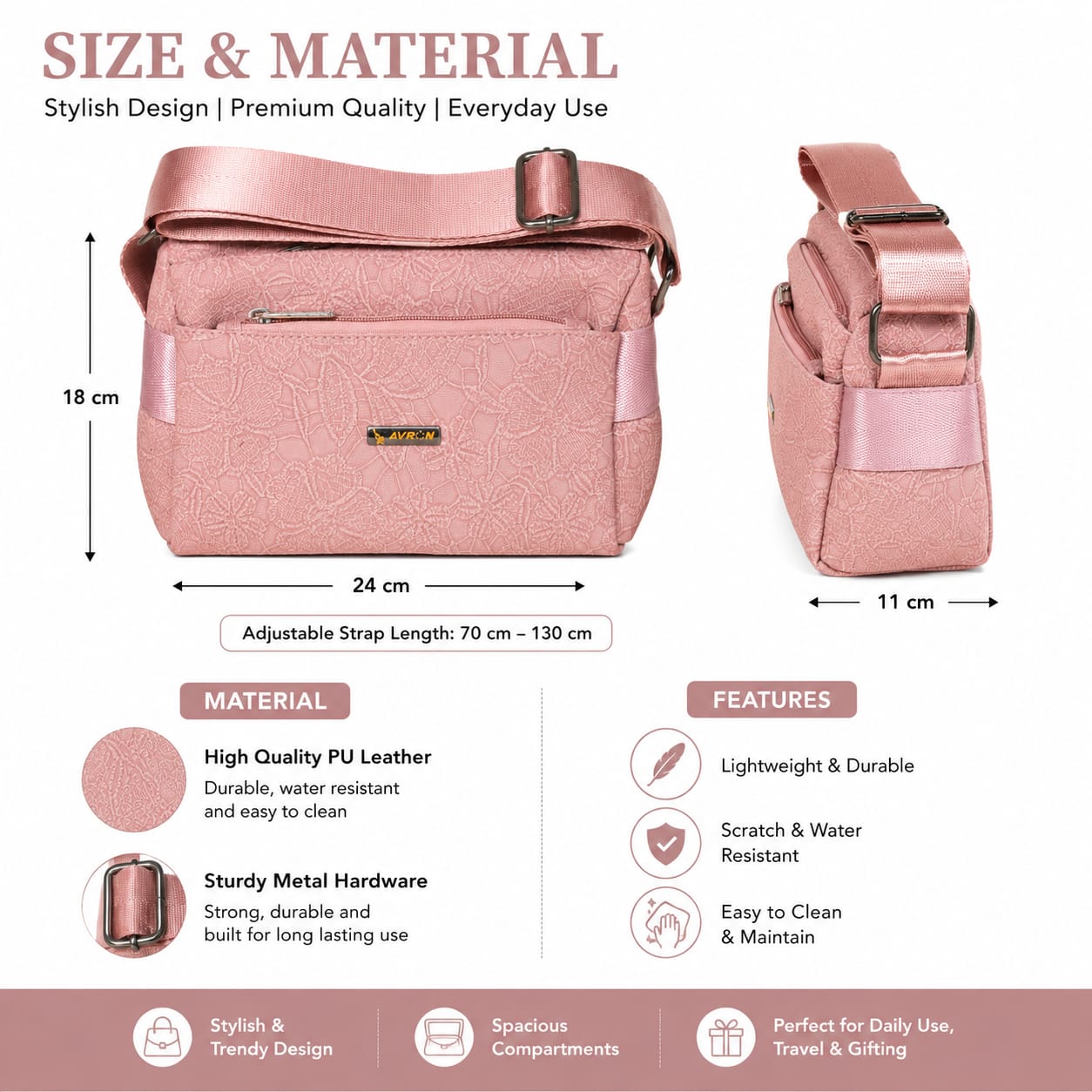Women's Crossbody Sling Bag | Premium Textured PU Leather Shoulder Bag | Adjustable Strap | Lightweight Multi-Pocket Travel & Daily Use Handbag | Pink Bullet Points