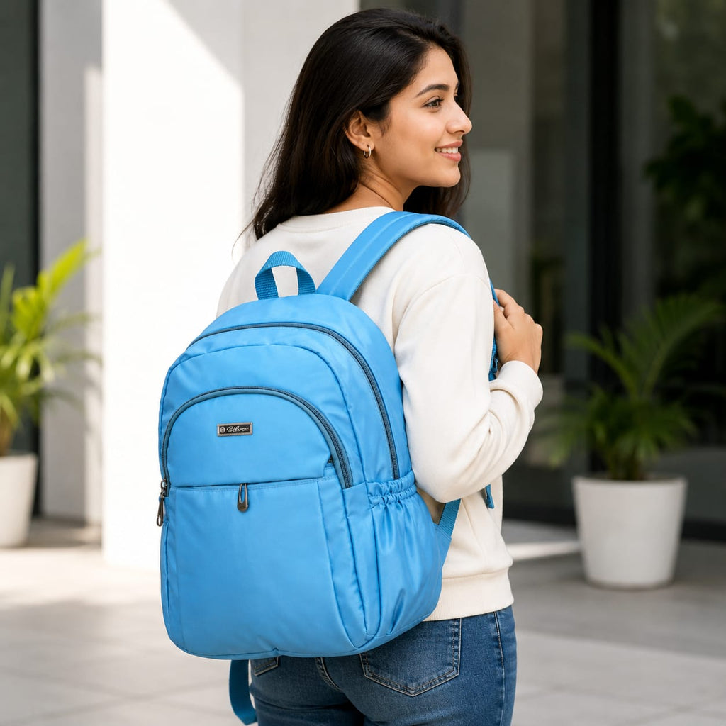 Silver Lightweight Backpack for Women & Girls | Water Resistant Casual Daypack | Spacious Multi-Compartment Travel, College & Office Bag | Sky Blue