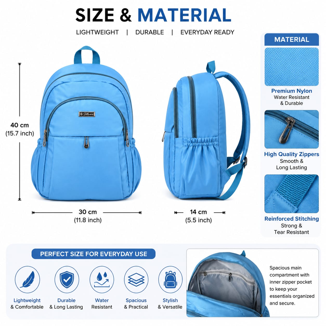 Silver Lightweight Backpack for Women & Girls | Water Resistant Casual Daypack | Spacious Multi-Compartment Travel, College & Office Bag | Sky Blue