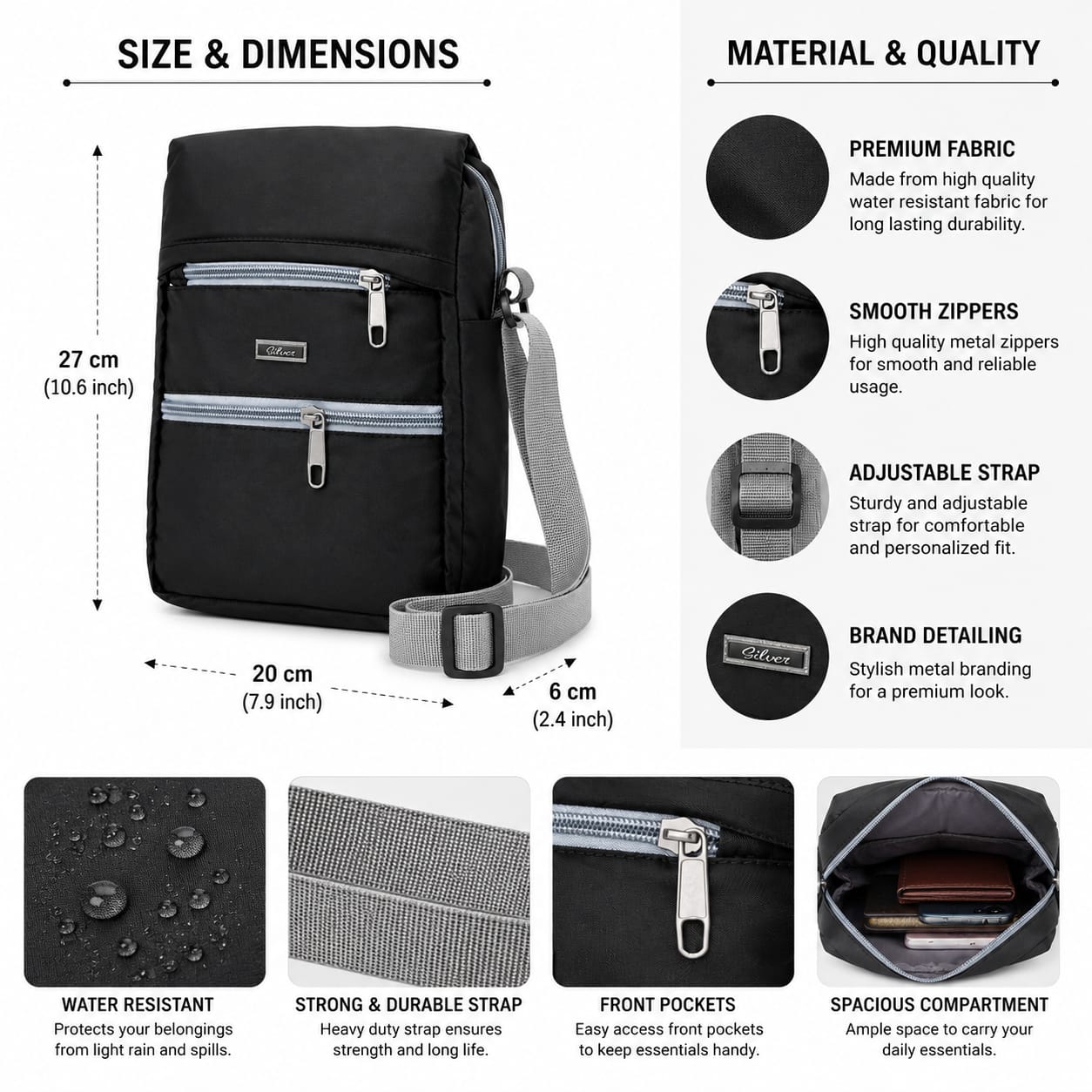 Silver Unisex Crossbody Sling Bag | Lightweight Water-Resistant Messenger Bag | Multiple Zip Compartments | Adjustable Shoulder Strap | Black