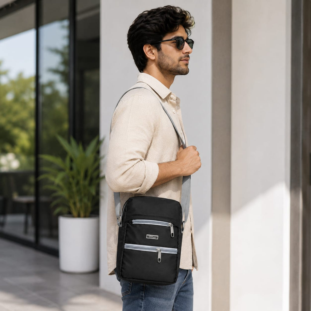 Silver Unisex Crossbody Sling Bag | Lightweight Water-Resistant Messenger Bag | Multiple Zip Compartments | Adjustable Shoulder Strap | Black