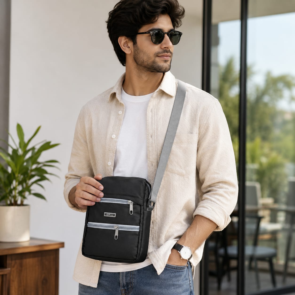 Silver Unisex Crossbody Sling Bag | Lightweight Water-Resistant Messenger Bag | Multiple Zip Compartments | Adjustable Shoulder Strap | Black