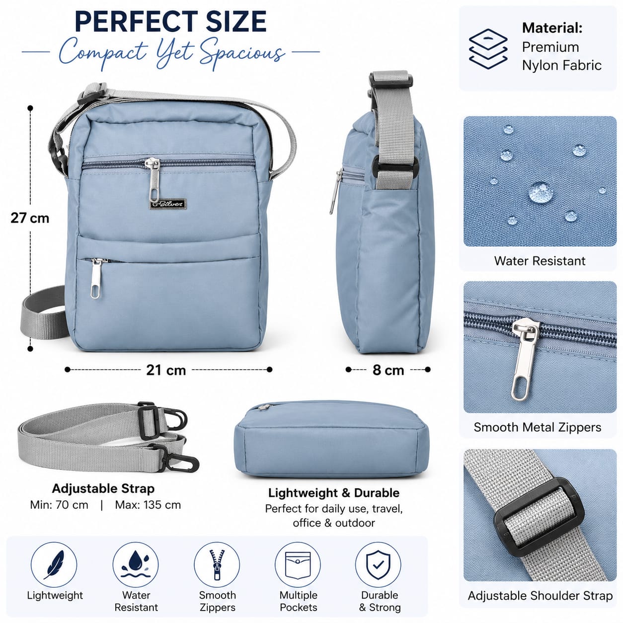 SILVER Crossbody Sling Bag for Men & Women | Lightweight Water-Resistant Shoulder Bag | Multiple Zip Compartments | Adjustable Strap | Sky Blue Brand