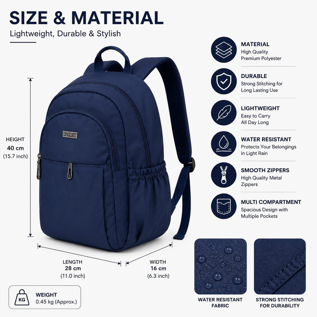 ANS BILLION Unisex Navy Blue Casual Backpack | Lightweight Water-Resistant School, College & Office Bag | Multi-Compartment Travel Backpack with Bottle Pocket