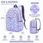 Floral Printed School Backpack for Girls & Women | Lightweight Water Resistant Polyester | Multi-Compartment Travel, College & Casual Backpack | Purple