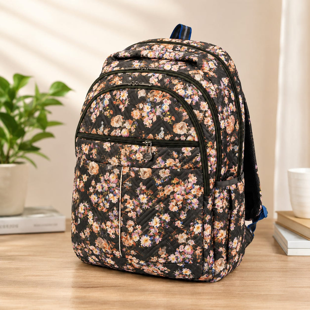 Floral Printed Quilted Backpack for Girls & Women | Lightweight Water-Resistant School, College & Travel Bag | Multi-Compartment Laptop Backpack | Black Floral